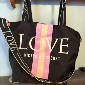 Victoria's Secret Black Tote with Pink and Gold Stripes